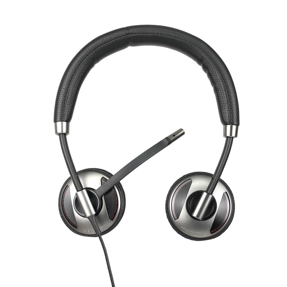 A Plantronics Blackwire C725-M headset with a USB cord and active noise cancelling technology.