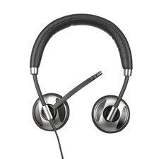 A Plantronics Blackwire C725-M headset with a USB cord and active noise cancelling technology.