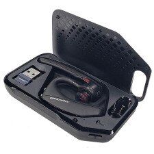 A photo of a Plantronics Voyager 5200 UC Bluetooth Wireless Headset with BT700 Dongle (206110-102) that features noise-canceling technology, voice control, and UC compatibility.