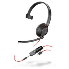 A photo of a Plantronics Blackwire 5210 headset with a black headband, ear cushions, and a flexible microphone boom.