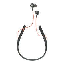 A picture of a Plantronics Voyager B6200 UC wireless headset with a neckband and earbuds. The headset has four omnidirectional microphones and active noise cancellation. It comes with a USB-A adapter