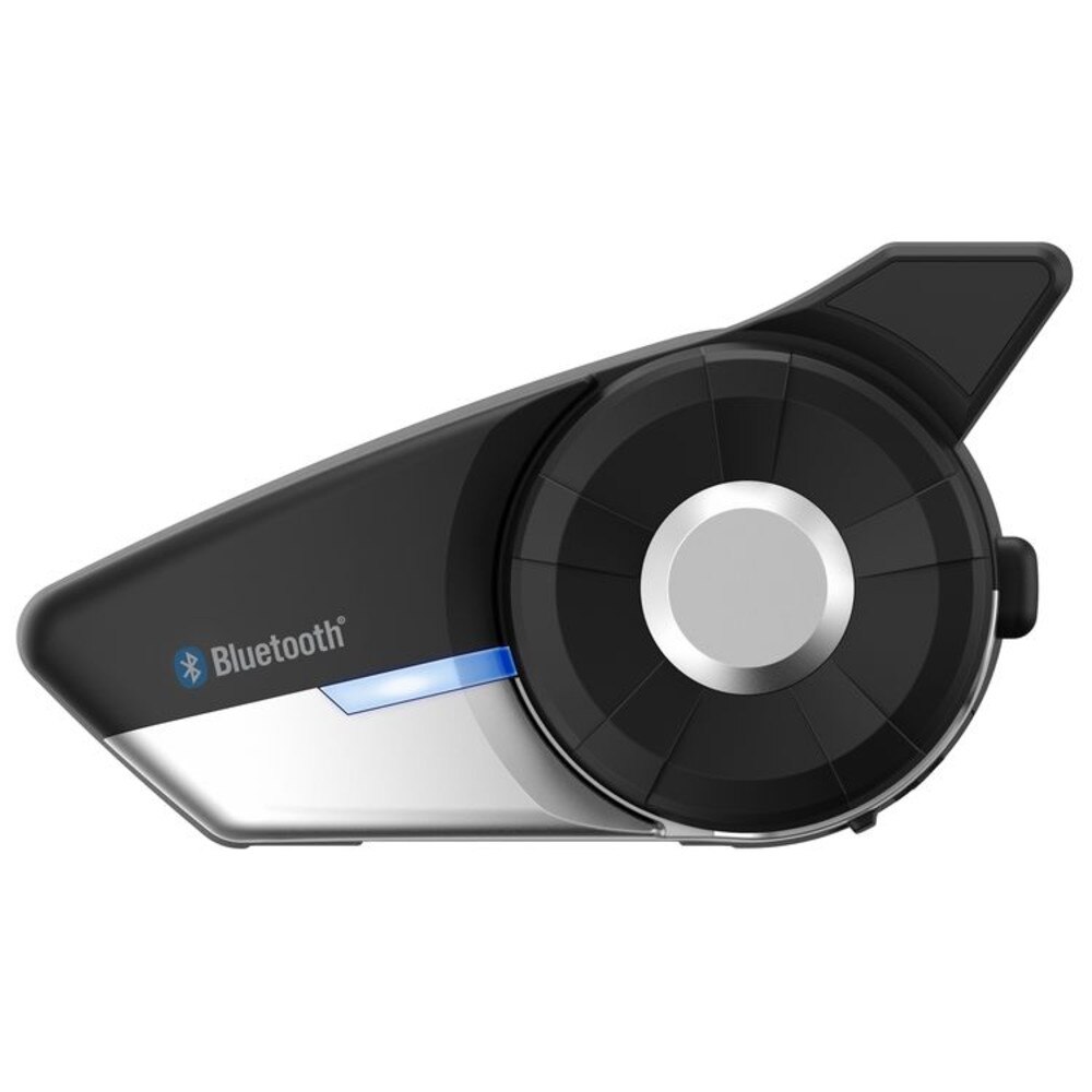 A photo of a black Sena 20S EVO Motorcycle Bluetooth Headset with three buttons and a blue logo on the side.