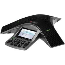 A black conference phone with a touch-sensitive display and a 3-microphone array for 360-degree voice pickup