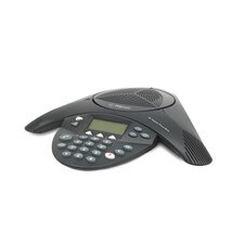 A Polycom SoundStation 2 EX conference phone with a triangular design and two detachable microphones
