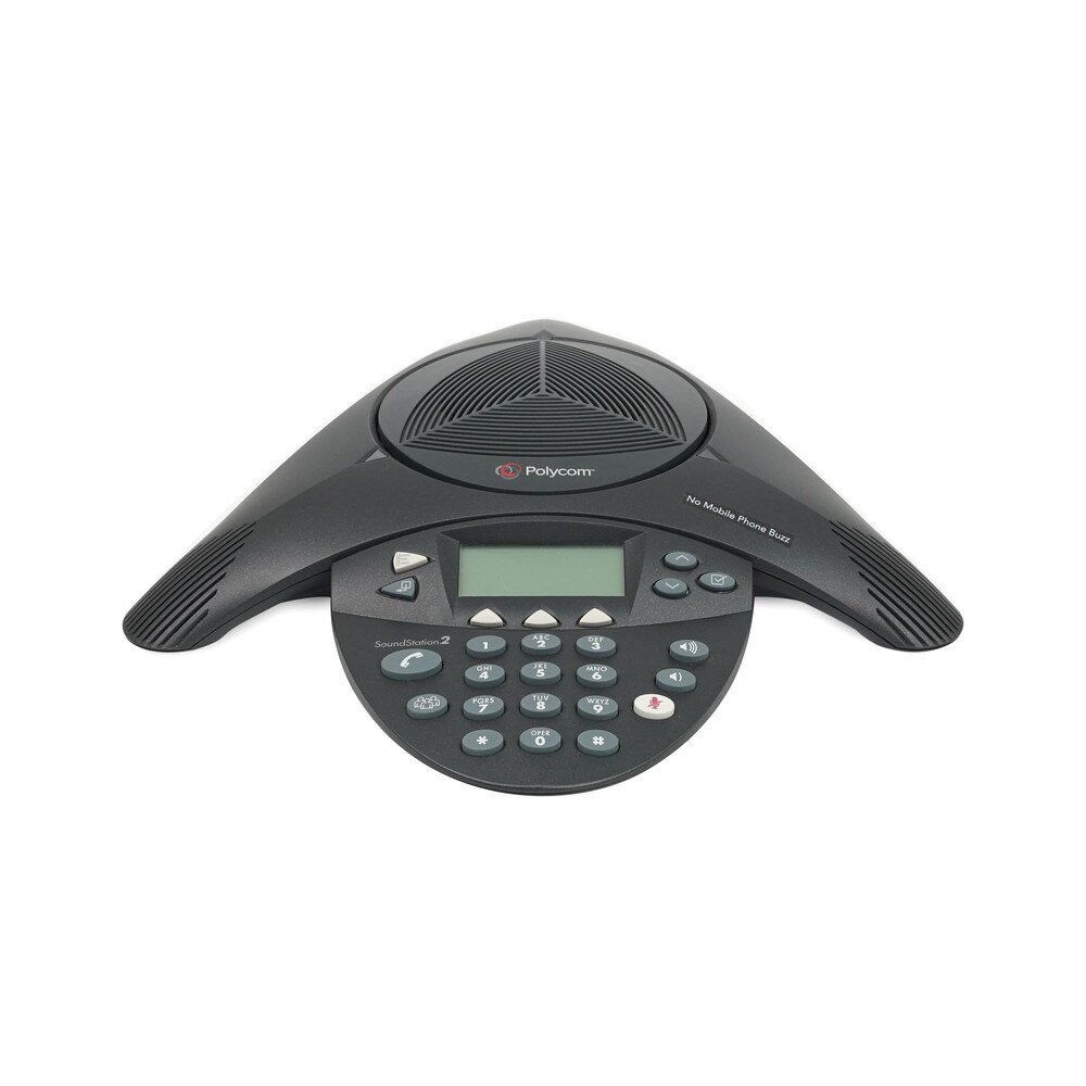 A Polycom SoundStation 2 EX conference phone with a triangular design and two detachable microphones