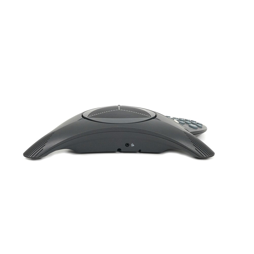 A Polycom SoundStation 2 EX conference phone with a triangular design and two detachable microphones