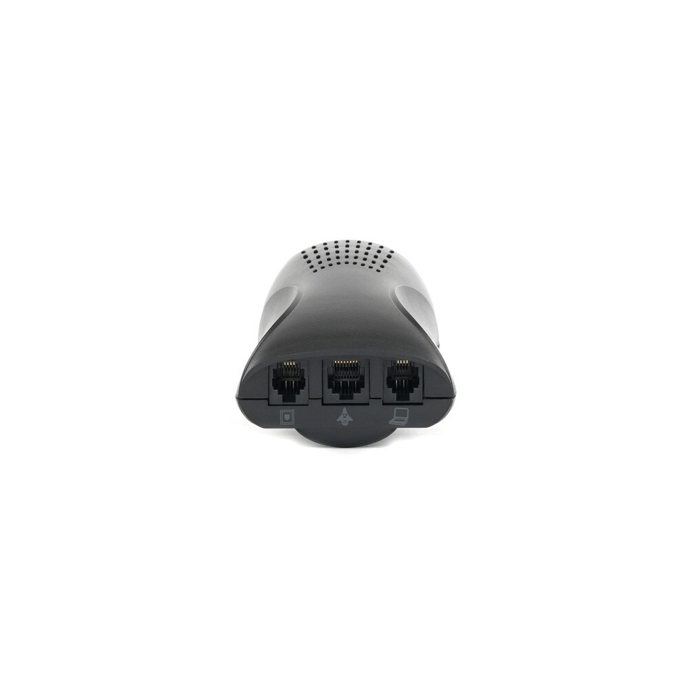 A Polycom SoundStation 2 EX conference phone with a triangular design and two detachable microphones