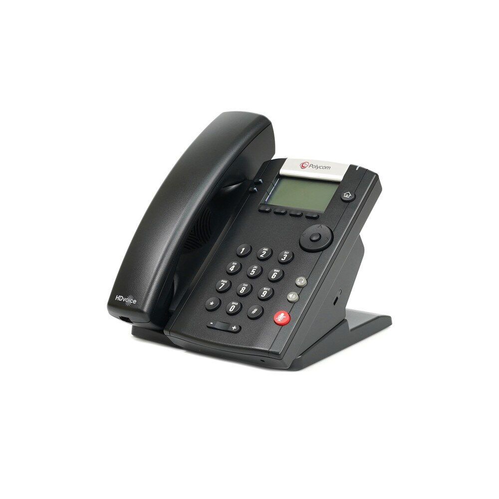 A photo of a Polycom VVX 201 IP phone with a black body, a 2.5-inch LCD display, a numeric keypad, a speakerphone, a headset jack, and two Ethernet ports.