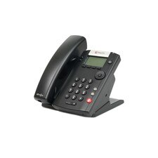 A photo of a Polycom VVX 201 IP phone with a black body, a 2.5-inch LCD display, a numeric keypad, a speakerphone, a headset jack, and two Ethernet ports.
