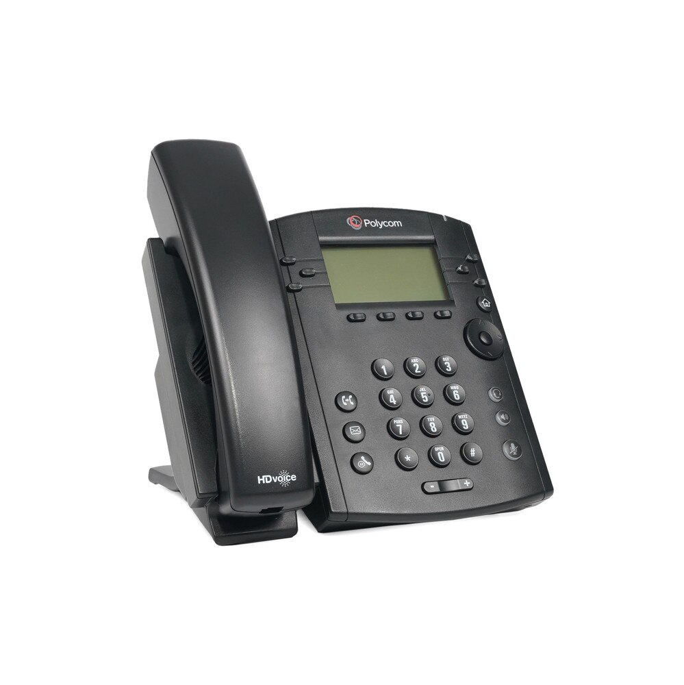 A photo of a Polycom VVX 300 IP phone with a black body, a 3.5-inch LCD display, a numeric keypad, a speakerphone, a headset jack, and two Ethernet ports
