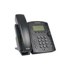 A photo of a Polycom VVX 300 IP phone with a black body, a 3.5-inch LCD display, a numeric keypad, a speakerphone, a headset jack, and two Ethernet ports