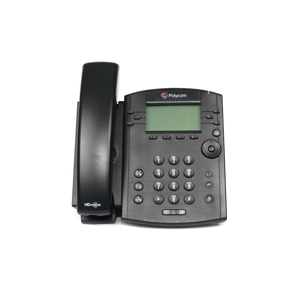 A photo of a Polycom VVX 300 IP phone with a black body, a 3.5-inch LCD display, a numeric keypad, a speakerphone, a headset jack, and two Ethernet ports