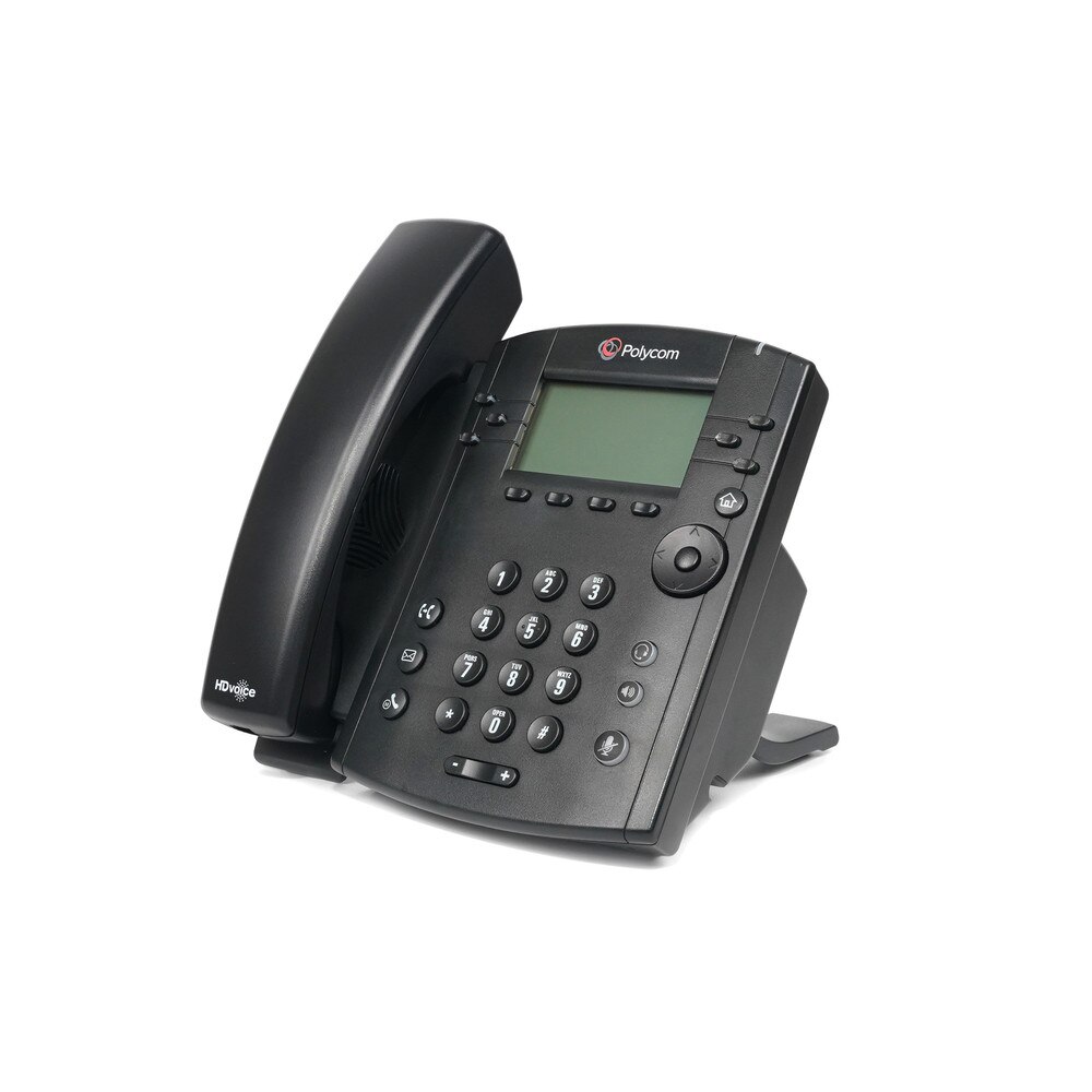 A photo of a Polycom VVX 300 IP phone with a black body, a 3.5-inch LCD display, a numeric keypad, a speakerphone, a headset jack, and two Ethernet ports