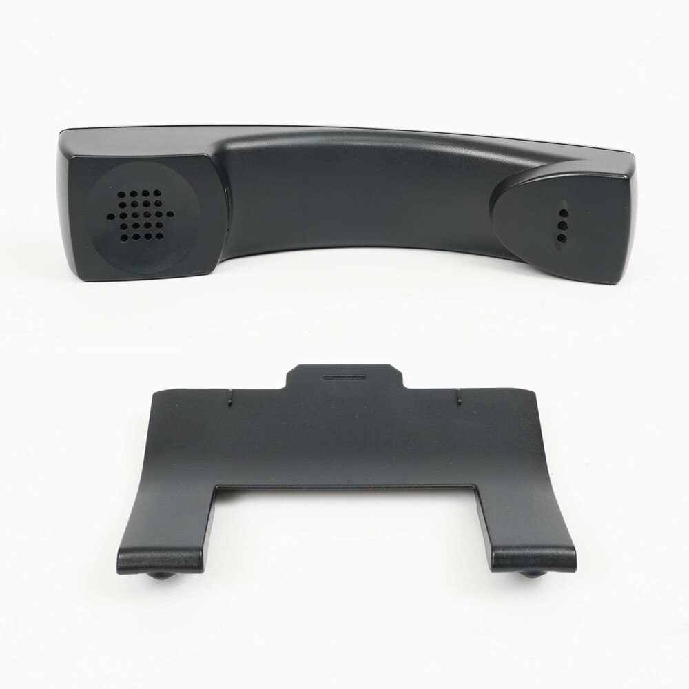 A photo of a Polycom VVX 300 IP phone with a black body, a 3.5-inch LCD display, a numeric keypad, a speakerphone, a headset jack, and two Ethernet ports