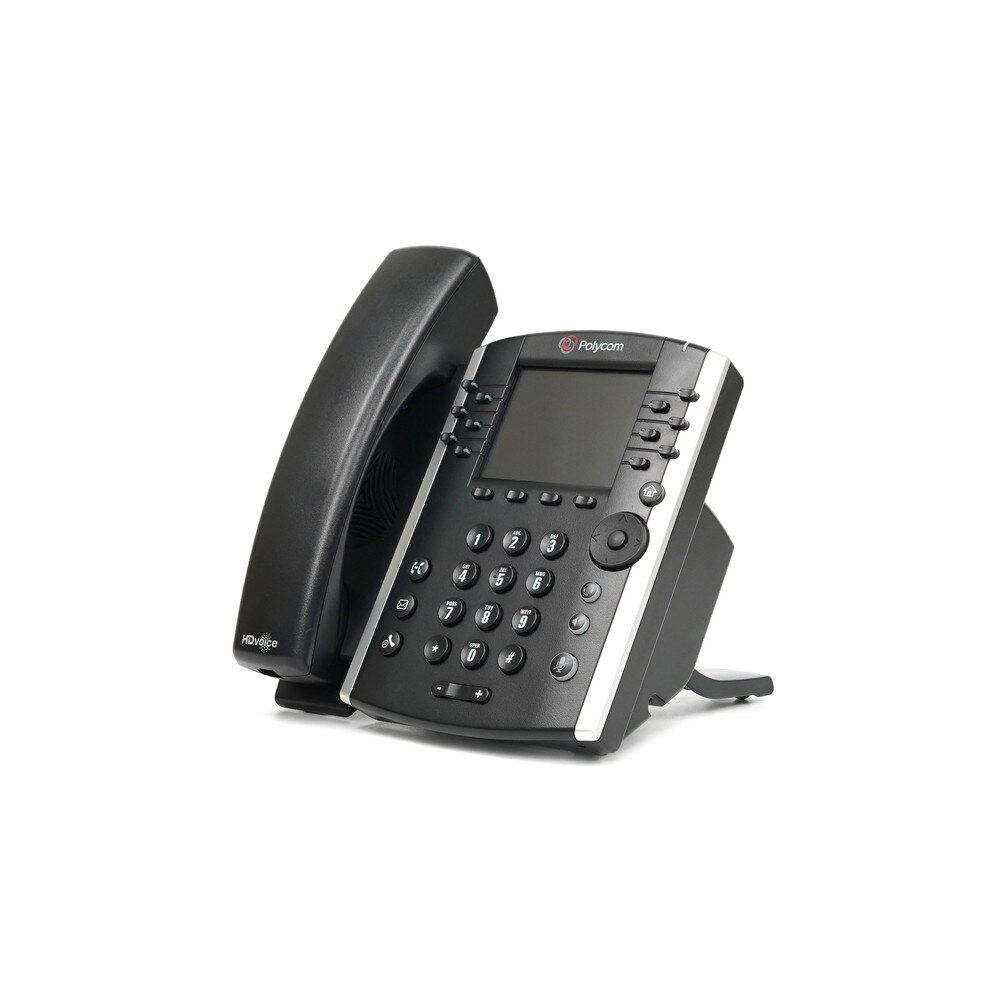 A photo of a Polycom VVX 410 IP phone with a color LCD display, 12 line keys, a speakerphone, and a numeric keypad.