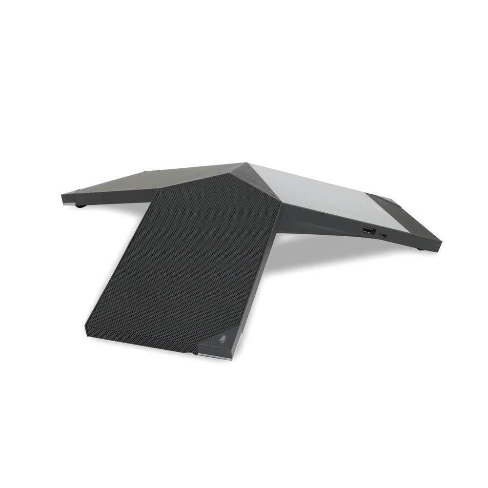 A photo of a Polycom Trio 8800 conference phone with a triangular shape, three microphones, a speakerphone, and a touch screen.