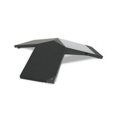 A photo of a Polycom Trio 8800 conference phone with a triangular shape, three microphones, a speakerphone, and a touch screen.