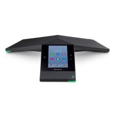A photo of a Polycom Trio 8800 conference phone with a triangular shape, three microphones, a speakerphone, and a touch screen.