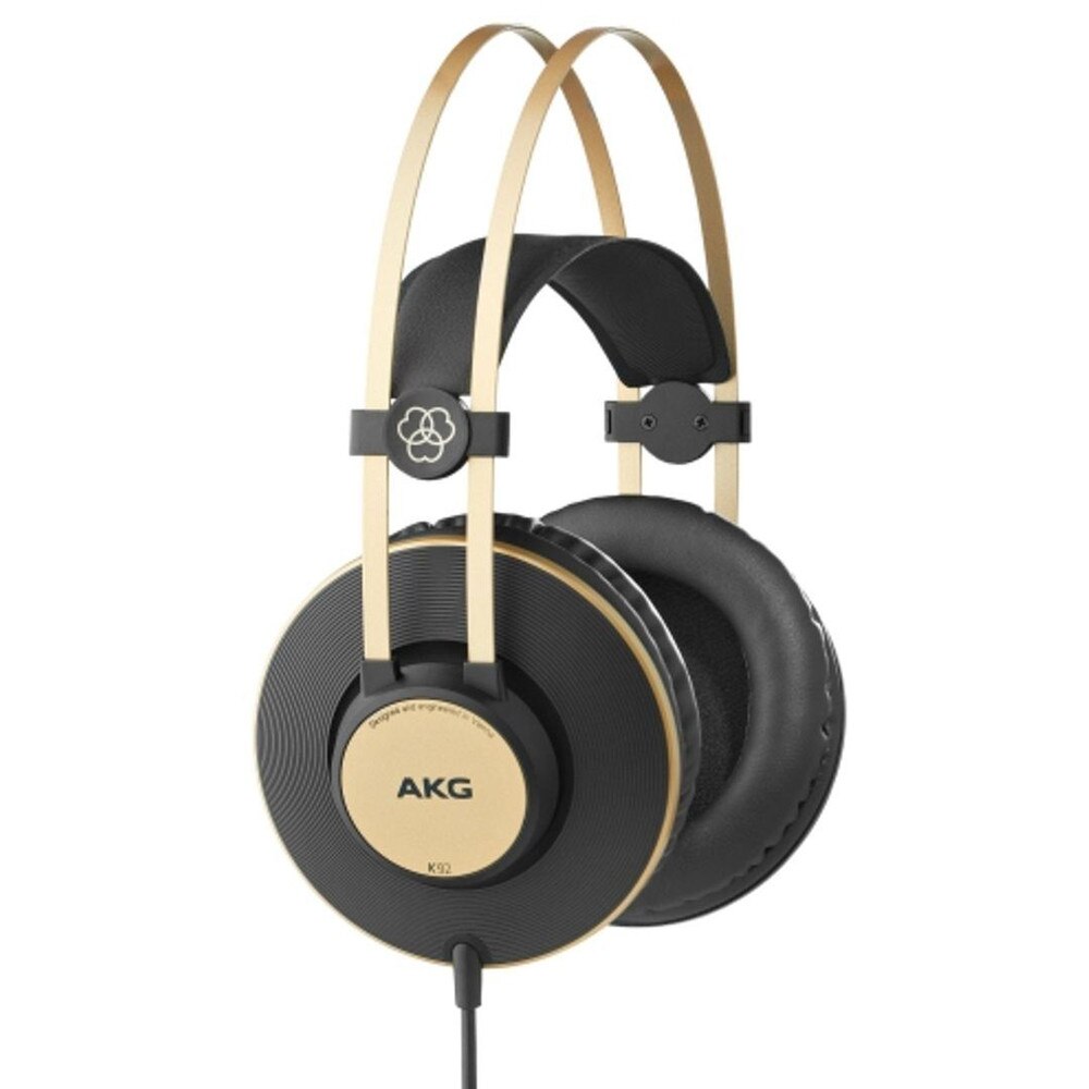 AKG K92 Closed-Back Studio Headphones with gold accents and over-ear design, ideal for professional monitoring and mixing