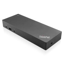 A black Lenovo ThinkPad Hybrid USB-C with USB-A Dock on a white background, showing the front and back ports