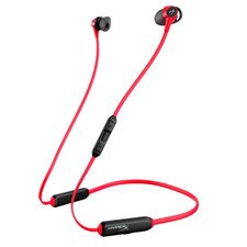 A photo of a pair of HyperX Cloud Buds wireless headphones with a flexible neckband, an in-line mic and audio controls.