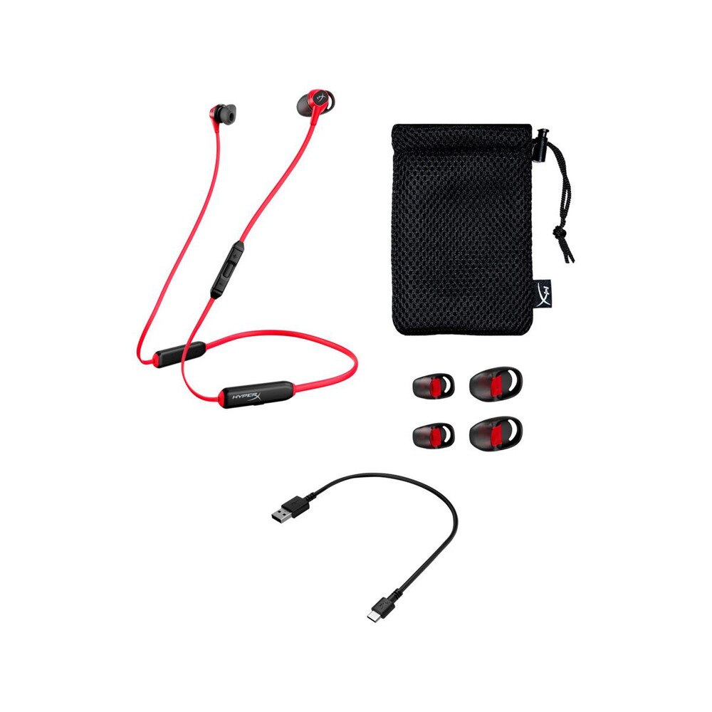 A photo of a pair of HyperX Cloud Buds wireless headphones with a flexible neckband, an in-line mic and audio controls, and a mesh travel pouch.
