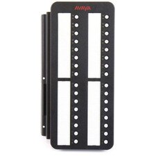 A photo of a black rectangular-shaped device with 32 buttons and dual LEDs on the front, and a connector cable on the back. The device has a Avaya logo and a model name on the front.