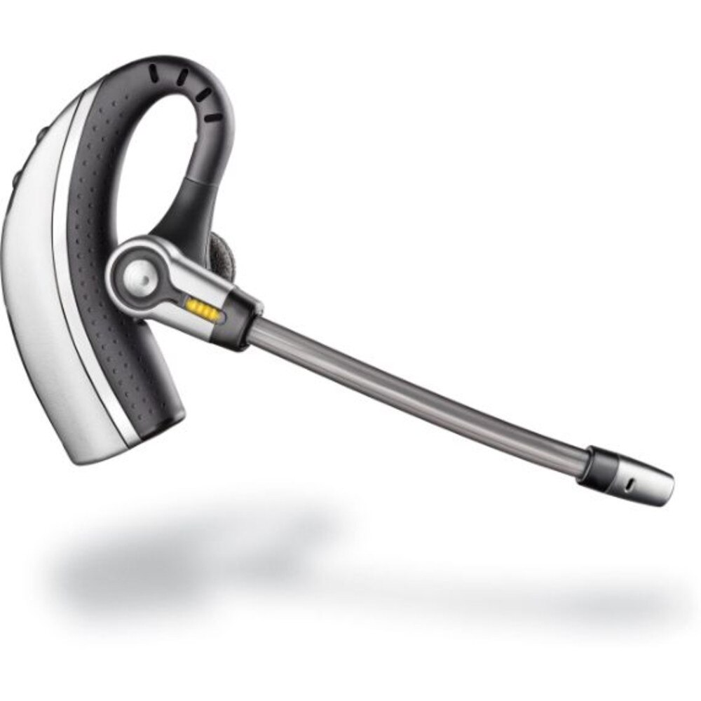 A photo of a Plantronics CS70N Wireless Headset System with a black color, an over-the-ear design, a charging base, and a USB adapter.