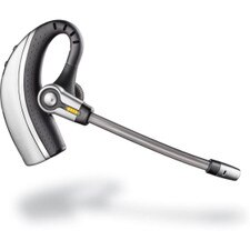 A photo of a Plantronics CS70N Wireless Headset System with a black color, an over-the-ear design, a charging base, and a USB adapter.
