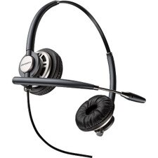 A photo of a Plantronics EncorePro HW720 headset with a black headband, leatherette ear cushions, and a flexible microphone boom.
