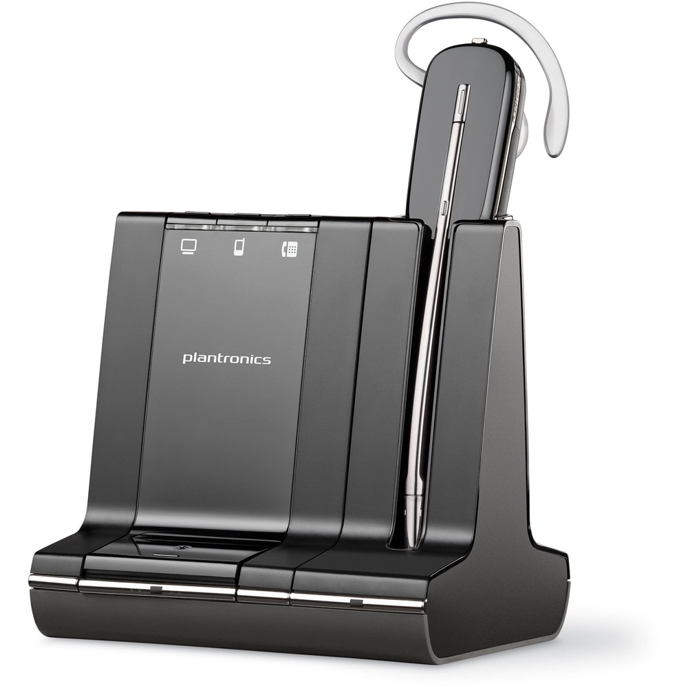 A photo of the Plantronics Savi W740 wireless headset, a black device that covers one ear and has a microphone boom, a base station with buttons and lights, and a quick disconnect cord