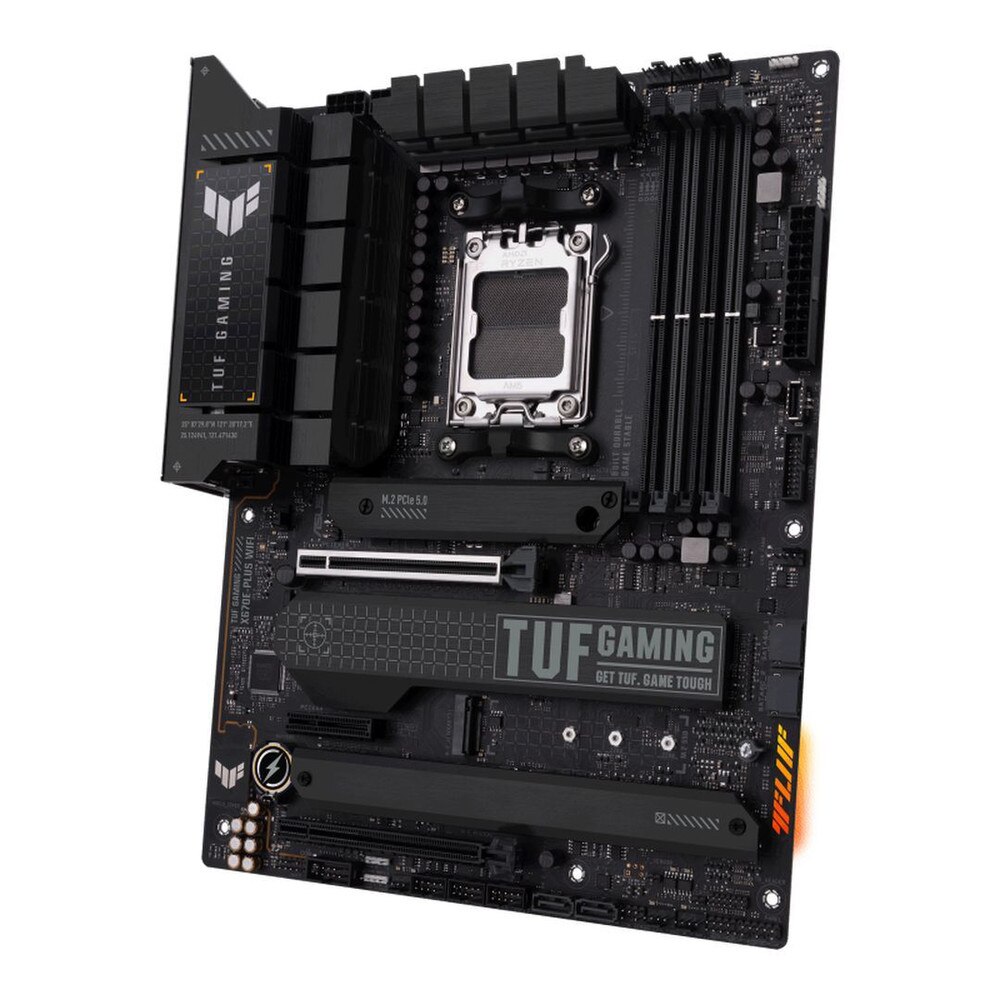 ASUS TUF Gaming X670E-PLUS WiFi Motherboard featuring AMD Ryzen 7000 support, PCIe 5.0, DDR5 RAM, and Aura Sync RGB lighting