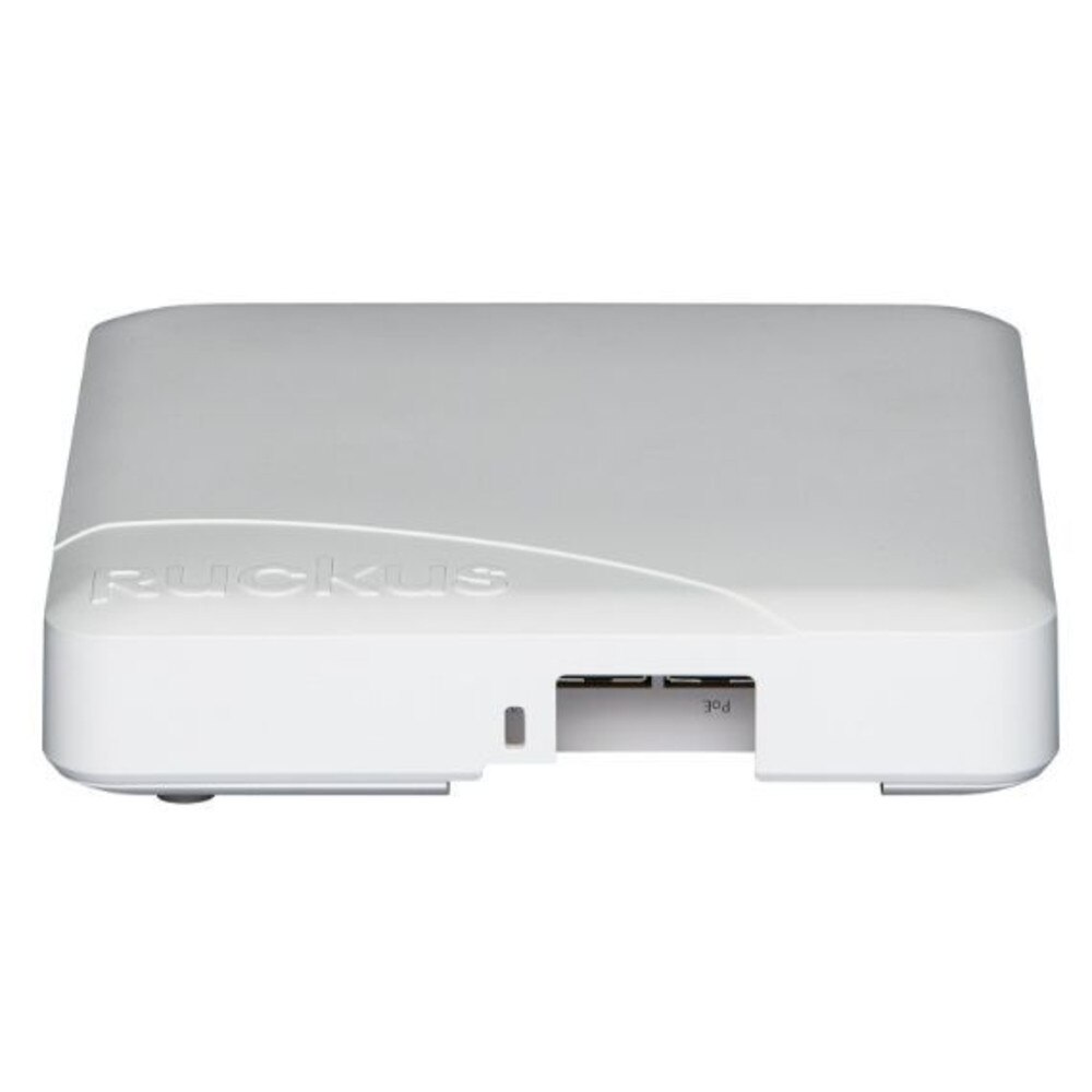 A photo of a white Ruckus Zoneflex R600 Unleashed Wireless Access Point with three antennas and a blue logo on the front.