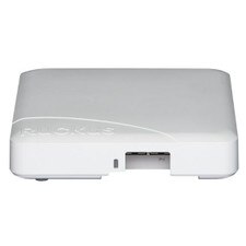A photo of a white Ruckus Zoneflex R600 Unleashed Wireless Access Point with three antennas and a blue logo on the front.