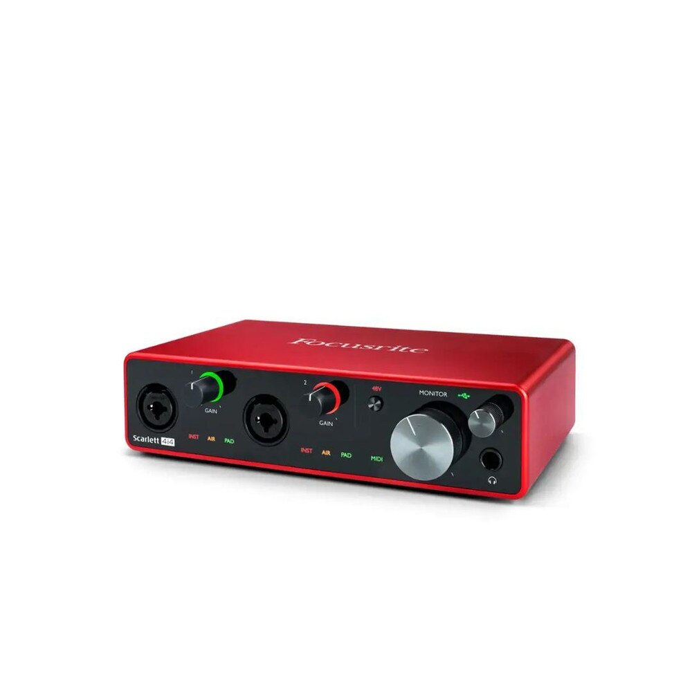 Focusrite Scarlett 4i4 3rd Gen USB Audio Interface with 4 inputs and 4 outputs, featuring high-resolution 24-bit/192kHz converters, Air mode, and MIDI interface, ideal for home recording