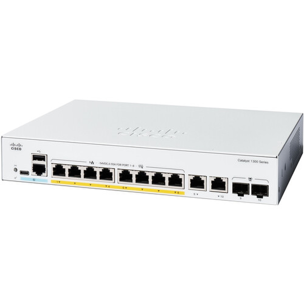 Cisco Catalyst C1300-8FP-2G 8-Port Gigabit PoE+ Managed Network Switch – Front View of Compact Business-Class Ethernet Switch