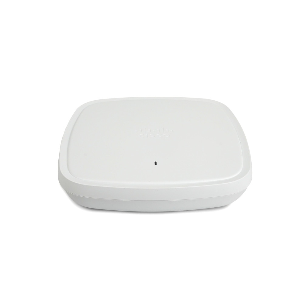Device with a circular shape and a Cisco logo on the front. The device has two Ethernet ports, one USB port, and a power connector on the back. The device also has four LED indicators for power.
