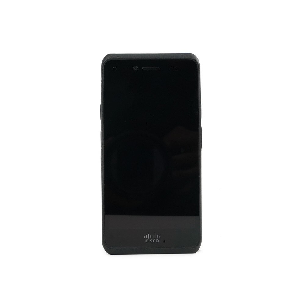 A photo of a black Cisco 860 WW Phone CP-860-K9 with a large touchscreen, three buttons, and a logo on the front.