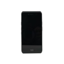 A photo of a black Cisco 860 WW Phone CP-860-K9 with a large touchscreen, three buttons, and a logo on the front.