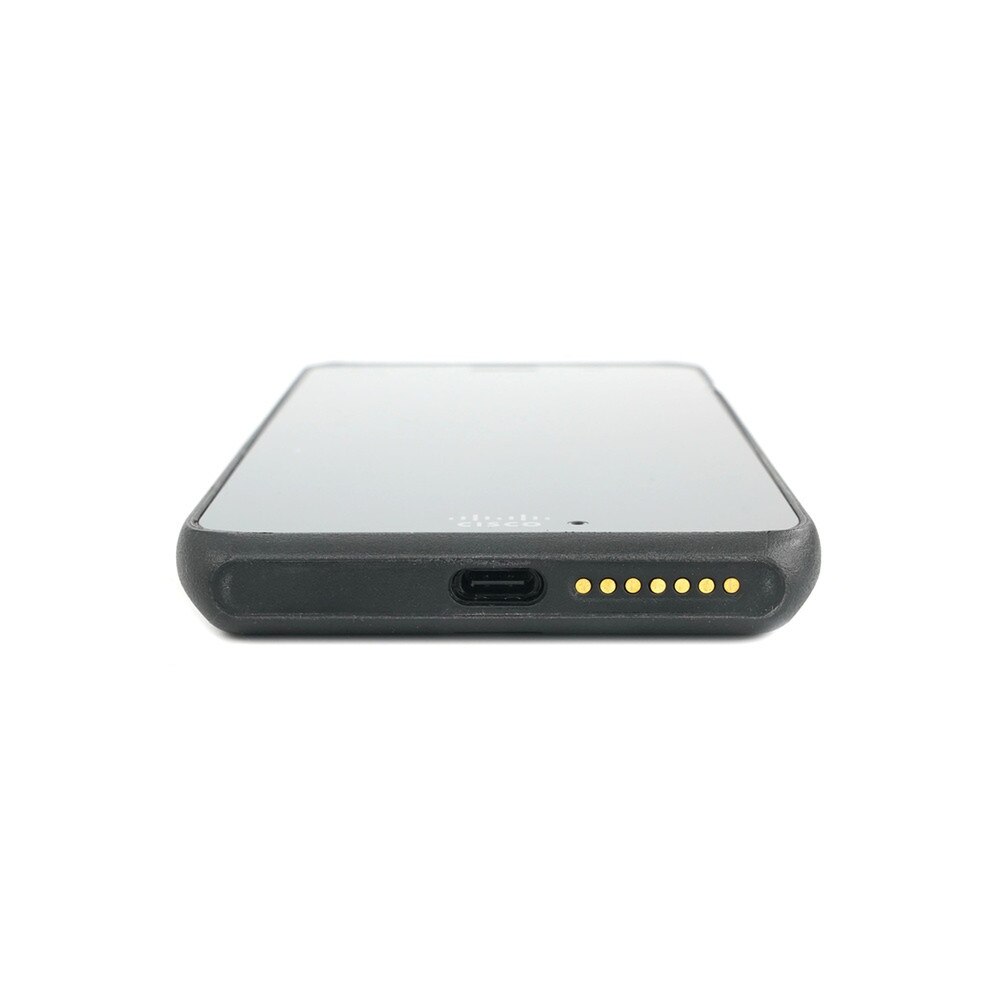 A photo of a black Cisco 860 WW Phone CP-860-K9 with a large touchscreen, three buttons, and a logo on the front4