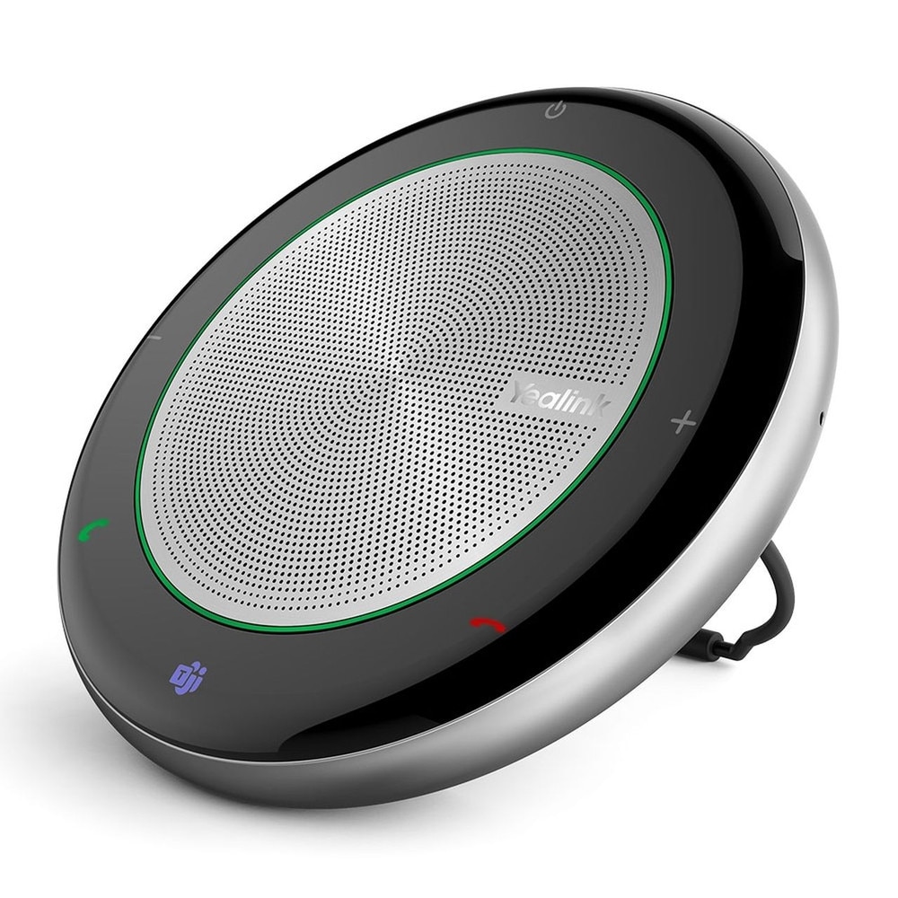 A photo of a black Yealink CP700 Portable Speakerphone with a round shape, three buttons, and a blue logo on the top.