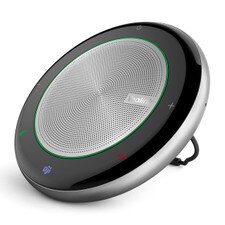 A photo of a black Yealink CP700 Portable Speakerphone with a round shape, three buttons, and a blue logo on the top.