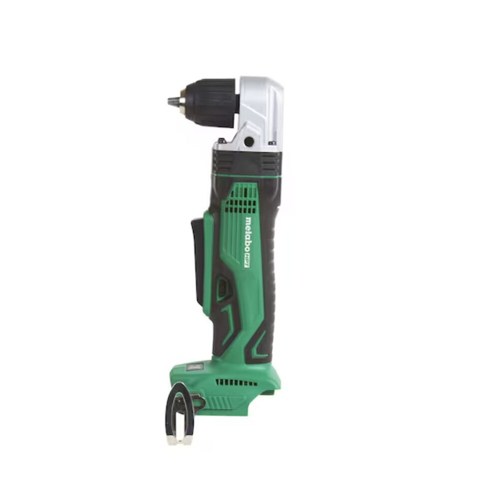Metabo HPT Cordless Right Angle Drill 18V (DN18DSLQ4) with keyless chuck, variable speed paddle switch, LED work light, and side handle for precision drilling in tight spaces.