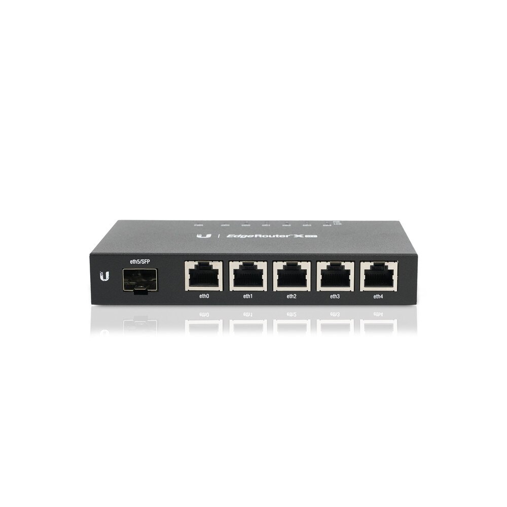 A photo of a Ubiquiti EdgeRouter X device with five Gigabit Ethernet ports and a metal casing.