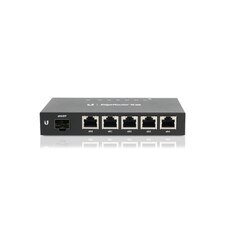 A photo of a Ubiquiti EdgeRouter X device with five Gigabit Ethernet ports and a metal casing.
