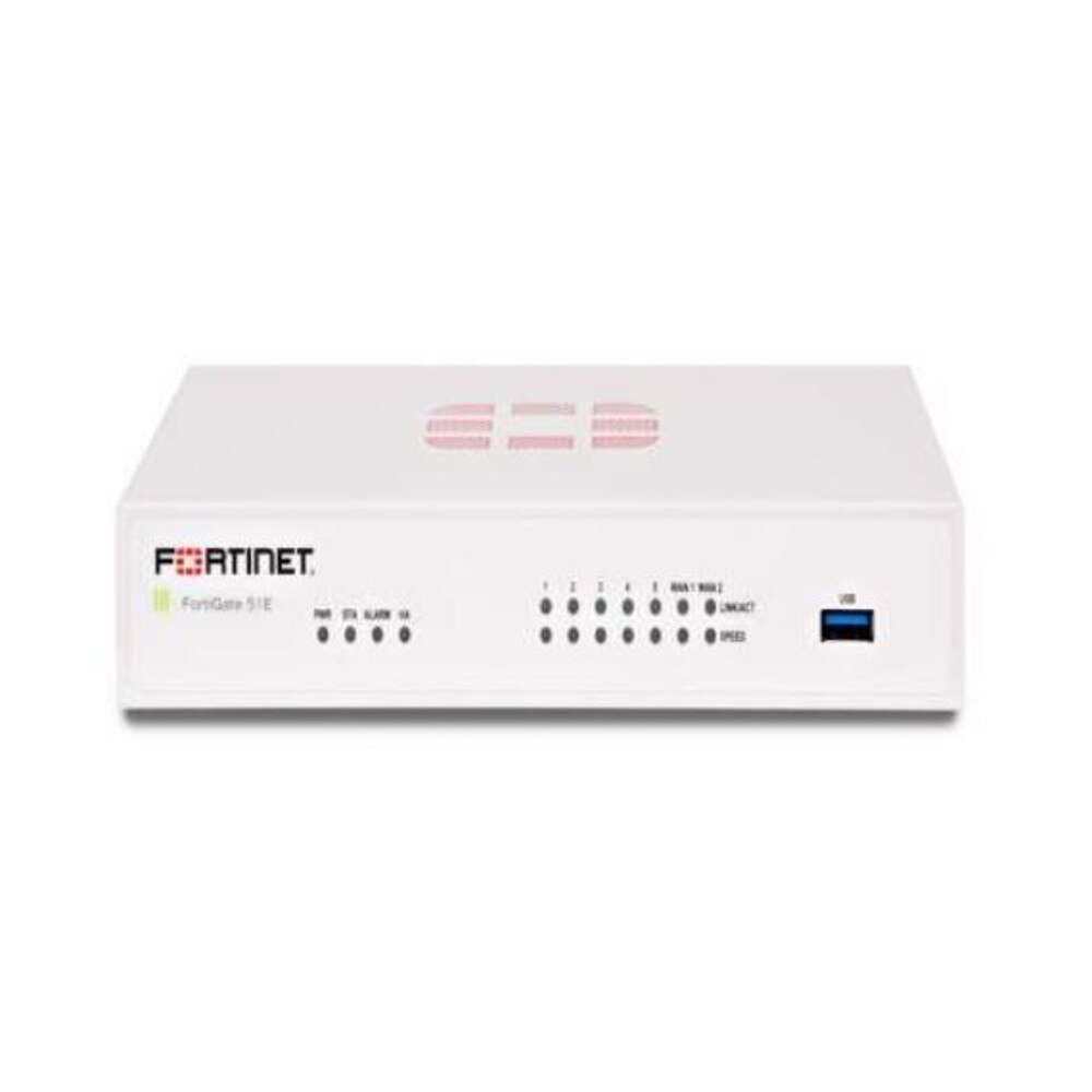A white device with two WAN ports, five switch ports, a USB port, and a power socket, supporting firewall, threat, and malware protection