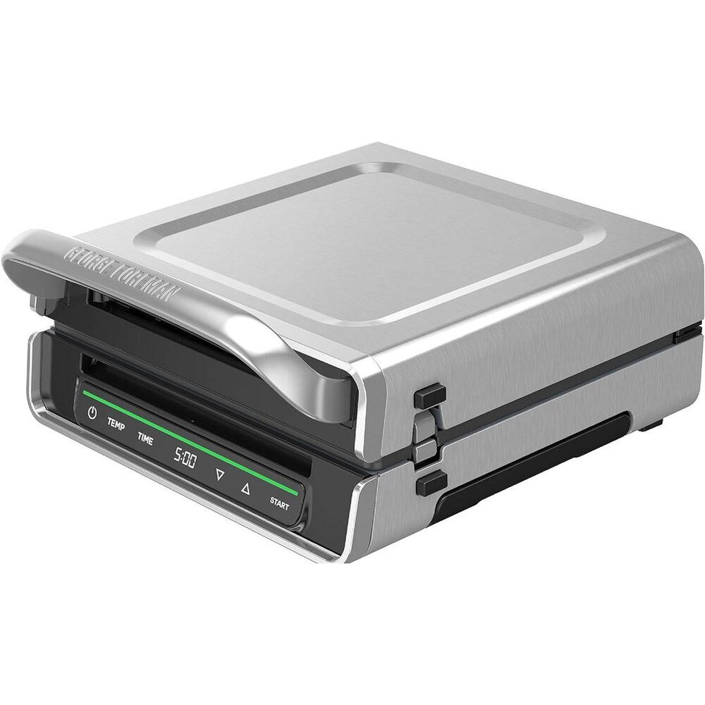 George Foreman Smokeless Digital Family Size Grill (GRD6090B) with touch-sensitive controls, stainless steel finish, and removable dishwasher-safe grill plate and drip tray.