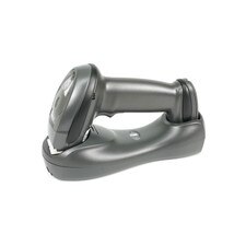 A Zebra LI4278 cordless scanner with a black handle and a yellow trigger, resting on a black cradle.
