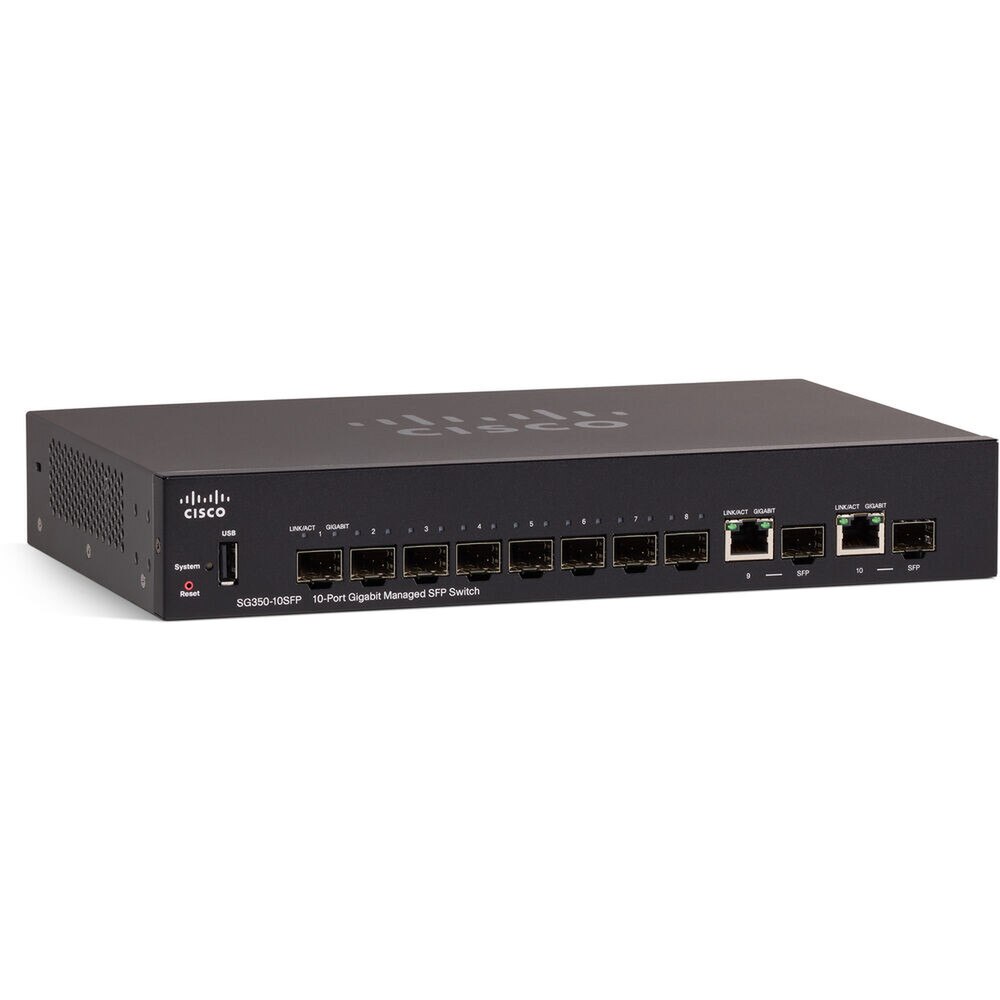 Cisco SG350-10SFP 10-Port Gigabit SFP Switch (SG350-10SFP-K9-NA-RF) - Managed switch with 8 Gigabit SFP ports and 2 combo Gigabit Ethernet/Gigabit SFP ports, ideal for small business networks.