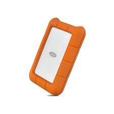 Front view of LaCie Rugged USB-C 2TB external hard drive with orange bumper